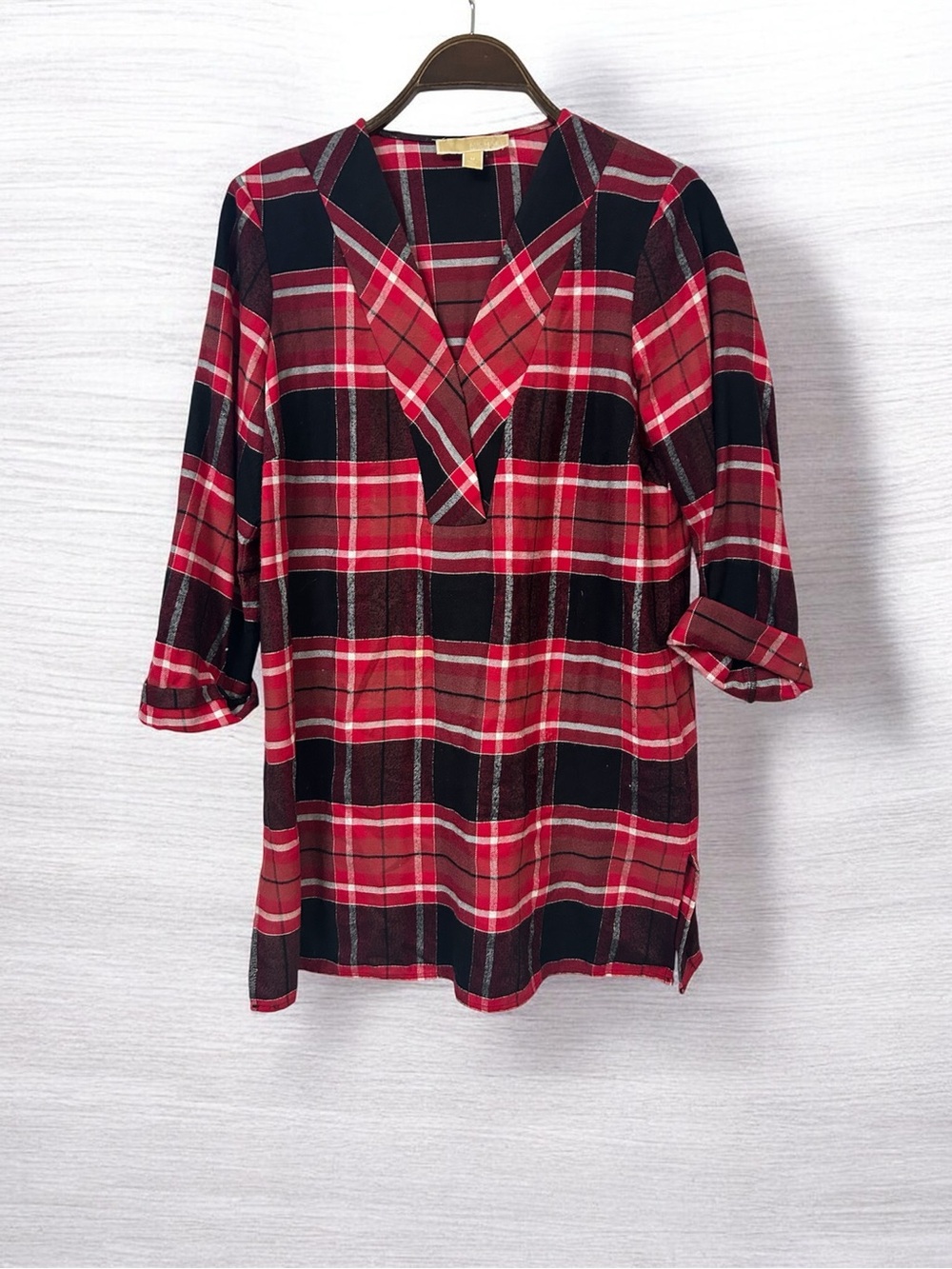 Michael Kors Red and Black Plaid V-Neck Tunic